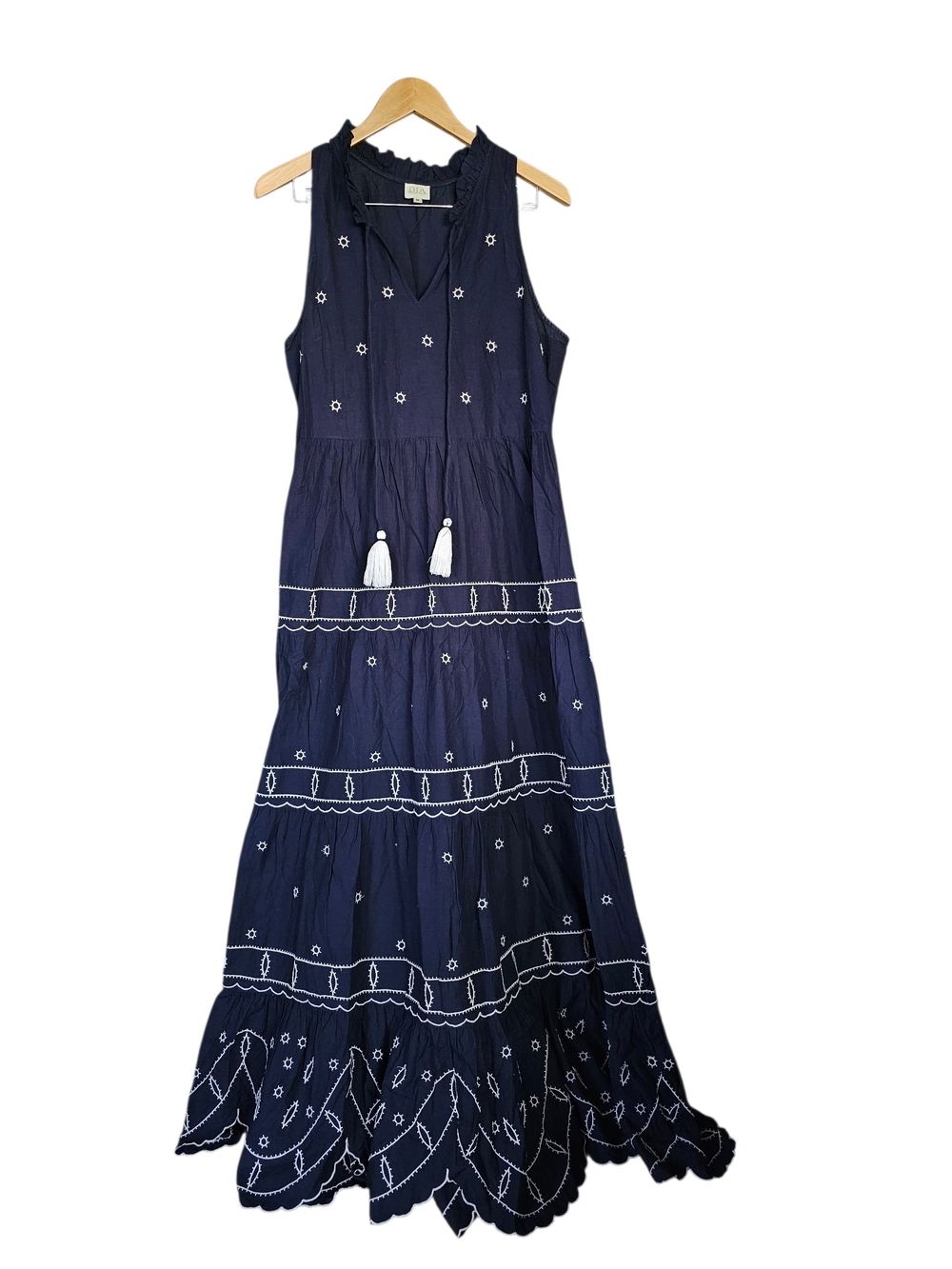 Sleeveless Navy Embroidered Maxi Dress with Tassel Detail
